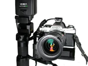 Minolta X-500 mit Power Grip 2, Blitz Auto 360 PX und Motor Drive 1